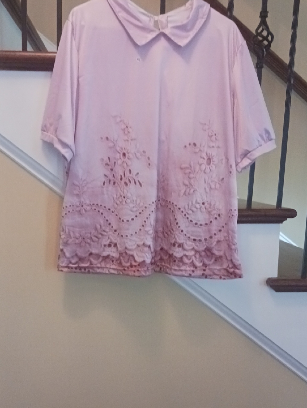 Brand New Without TagsWomen’s Pink Painted Embroidery  Top with Peter Pan Collar